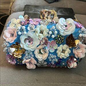 NWT BEBE Daisy Clutch - Blue Satin / Beaded & Sequins Embellished
